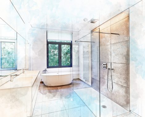 Illustration dreaming sketch of a Bathtub in corian, Faucet and shower in tiled bathroom with windows towards garden